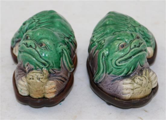 A pair of Chinese Sancai glazed porcelain models of recumbent lion-dogs, 19th century, 12.5cm, rosewood stands